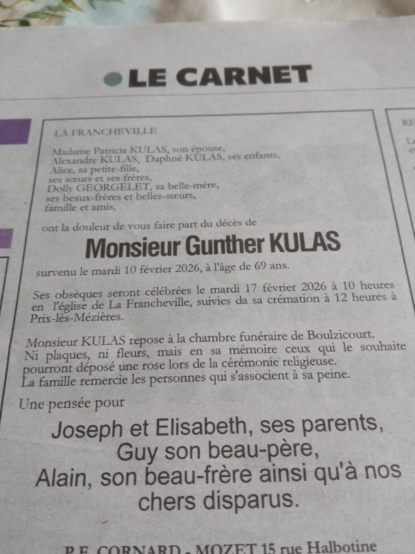 Décès de Gunther Kulas