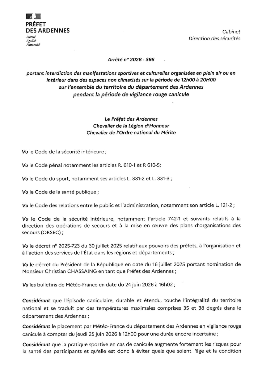 Arrêté d'interdiction des manifestations et de la pratique sportive